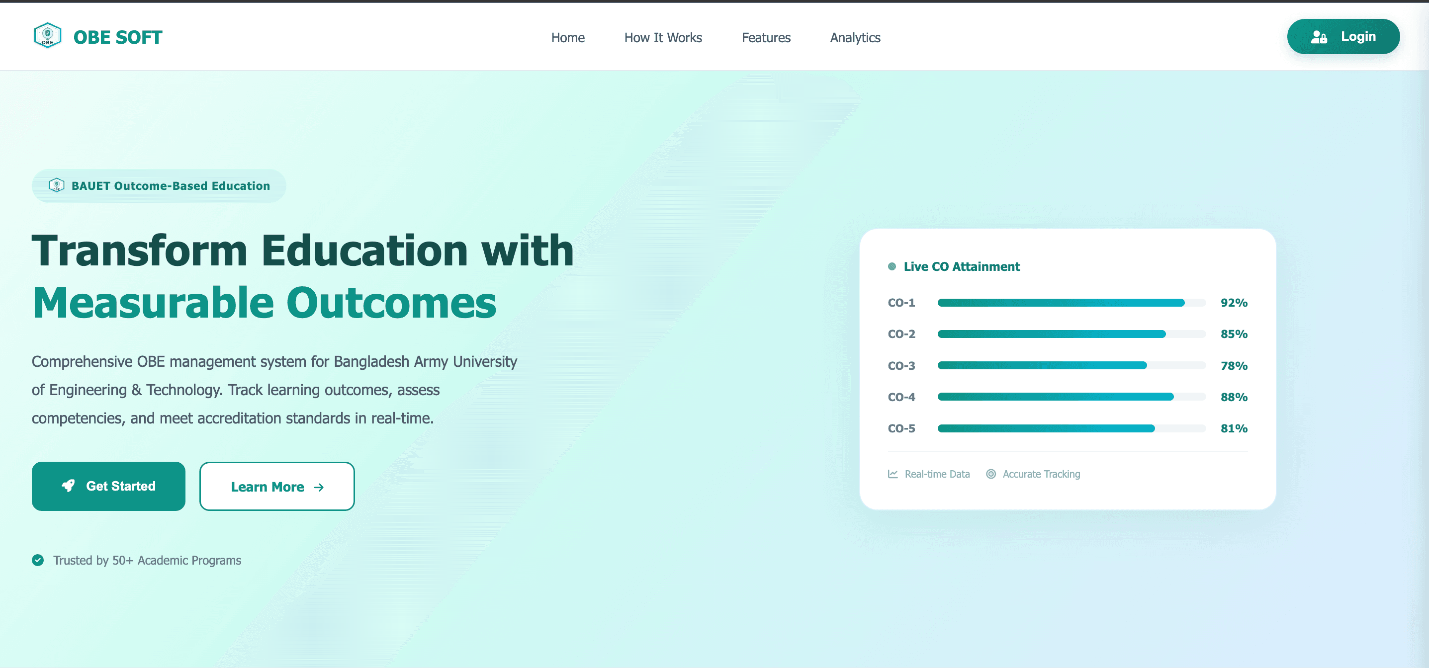 OBE_SOFT - Outcome Based Education System dashboard showing CO-PO mapping and attainment tracking.