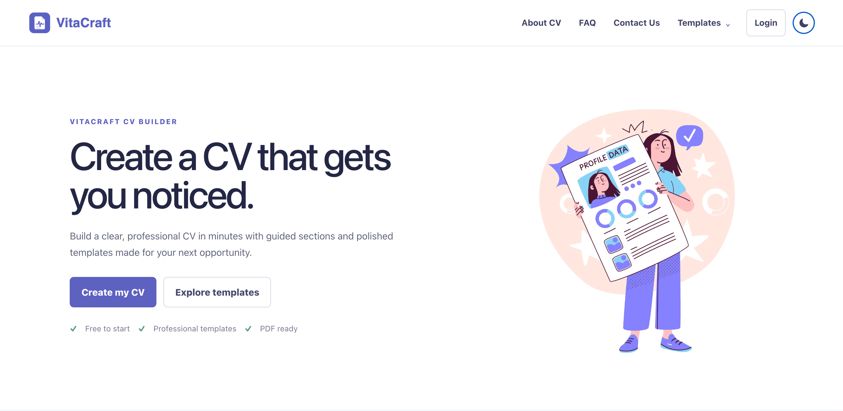 The VitaCraft CV builder home page, with a Create CV call to action and template navigation.